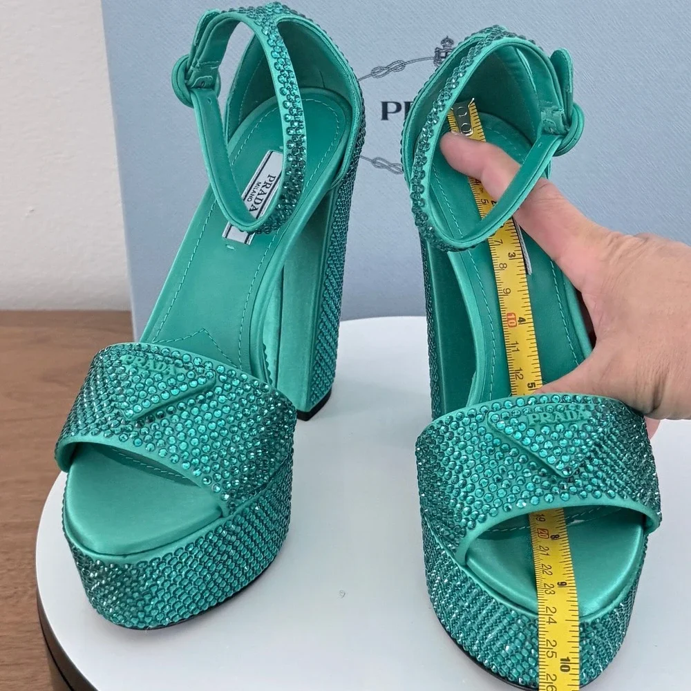 Prada Crystal‑Embellished Satin Platform Sandals Aqua Green Made in Italy. UK 36